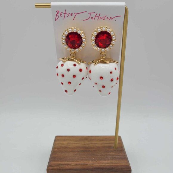 Betsey Johnson White Red Enamel Strawberry Red Crystal Earrings NWT! - Picture 6 of 8